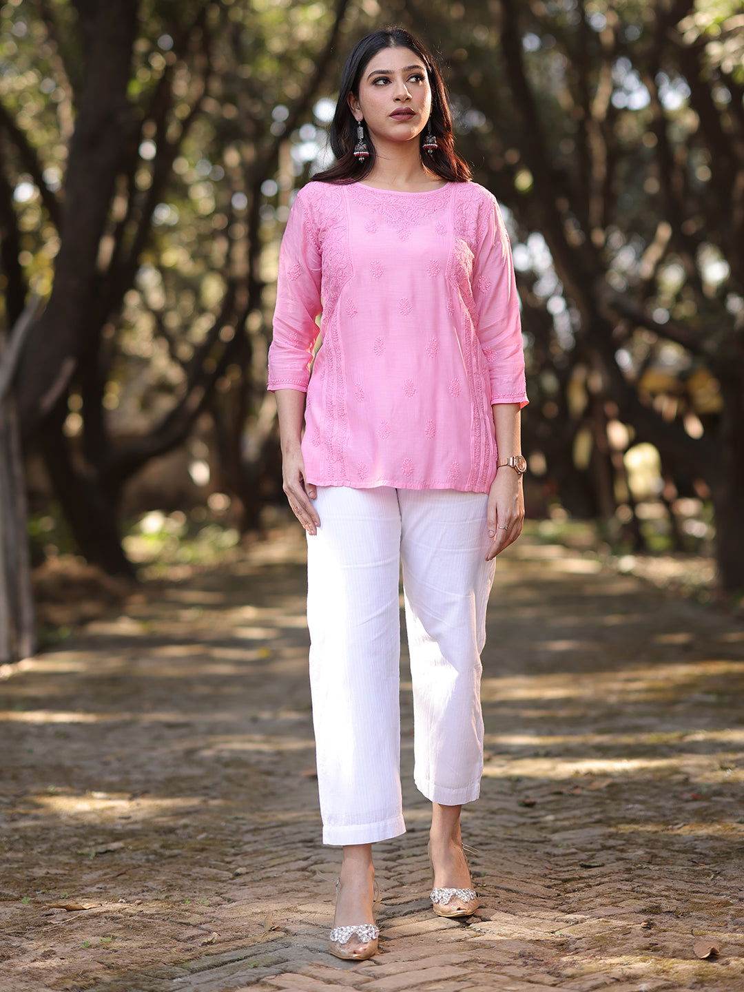 CHANDNI Chikankari Muslin Pink Top - KRI CHIKANKARI